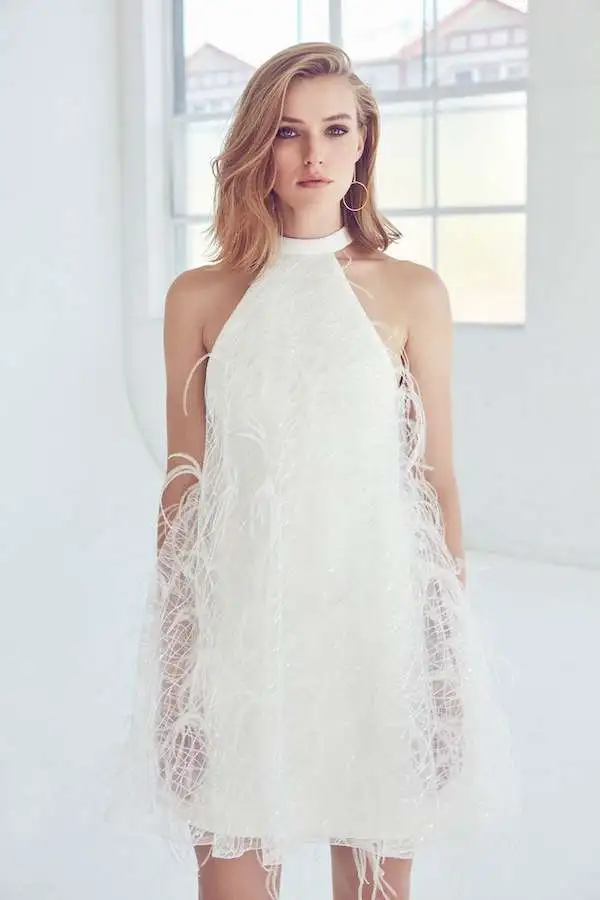 Suzanne Harward Beyaz Tüy Detaylı Boğazlı Elbise